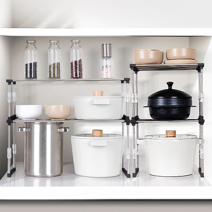 2Pack Expandable Cabinet Organizer 11.8~19.6 x 7.8 x 6~9 - Black | Width & Height-adjustable Kitchen Cabinet Organizer Shelf, Stackable Kitchen Counter Shelf - Image 2