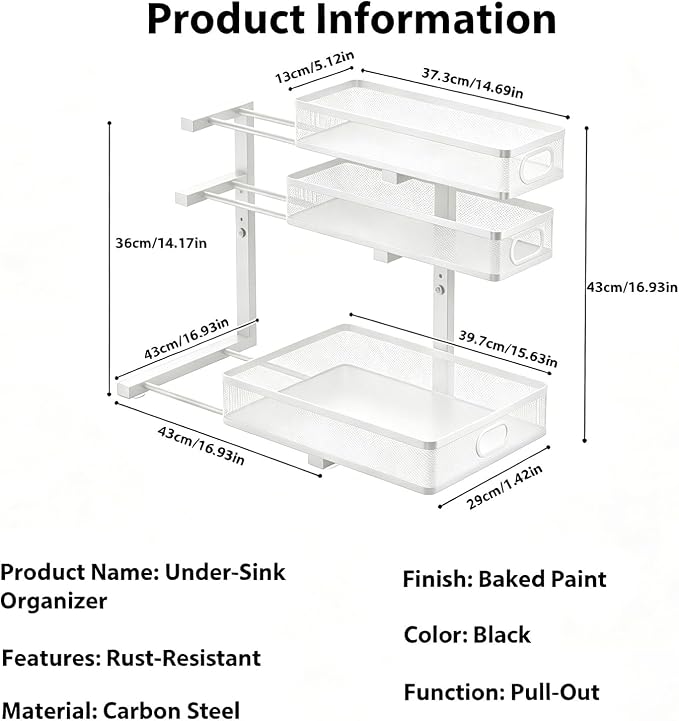 2 Pack Under Sink Organizer, 3-Tier Pull Out Kitchen Cabinet Organizer with 5 Adjustable Heights Metal Slide Out Bathroom Storage Makeup Drawer Rack for Bedroom Office Pantry Home Organization, White - Image 7