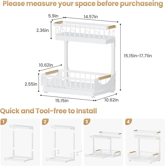 Under Sink Organizer and Storage 2 Tier Cabinet Pull Out Shelf Organizers | 2 Pack 2 Tier under sink storage for Bathroom and Kitchen Slide Out Drawer Organization for Home Cabinets Shelves and Drawers - Image 8
