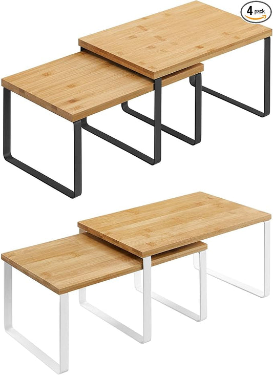 SONGMICS Kitchen Counter Organizers and Cabinet Shelves Bundle, Set of 4 Expandable Kitchen Cabinet Shelves, Metal and Bamboo, Black, Natural, and White UKCS02NB and UKCS02NW by Unknown