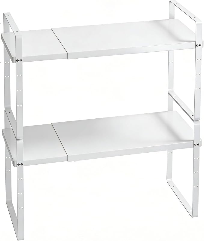 Expandable Cabinet Shelf Organizer, Stackable Kitchen Pantry Counter Storage, Adjustable Closet Cupboard Stand Rack Risers Spice Organization 80LBS Heavy Duty White Large 2 Pack by KIKIBRO