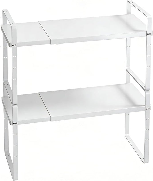 Expandable Cabinet Shelf Organizer, Stackable Kitchen Pantry Counter Storage, Adjustable Closet Cupboard Stand Rack Risers Spice Organization 80LBS Heavy Duty White Large 2 Pack by KIKIBRO