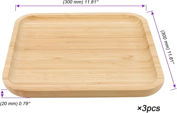JOIKIT 3 Pack 12 Inch Bamboo Platter, Fine Polished Sqaure Wood Plates Bamboo Serving Tray for Holding Fruit, Bread, Cheese, Nut, Coffee, Tea, Plant Saucer - Image 2