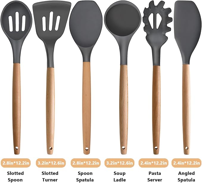 Kitchen Cooking Utensils Set, 6Pcs Silicone Kitchen Utensils Set Spatula Spoon Soup Ladle Turner, Heat Resistant Wooden Handle Silicone Cooking Gadgets for Nonstick Cookware & Baking BPA FREE - Image 3