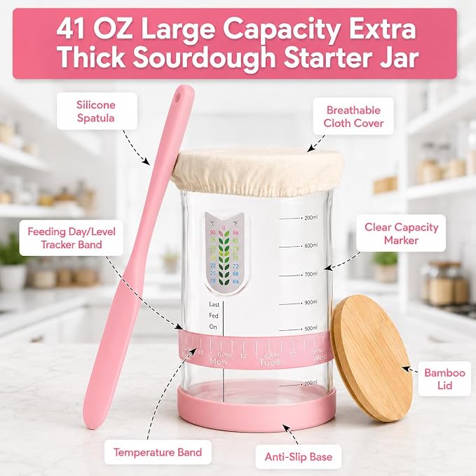 Sourdough Starter Kit for Beginners – 46-Pc Pink Sourdough Bread Making Kit with Silicone Banneton Proofing Basket, Sourdough Starter Jar, Digital Scale, Bread Lame & Sourdough Tools – Gift - Image 5