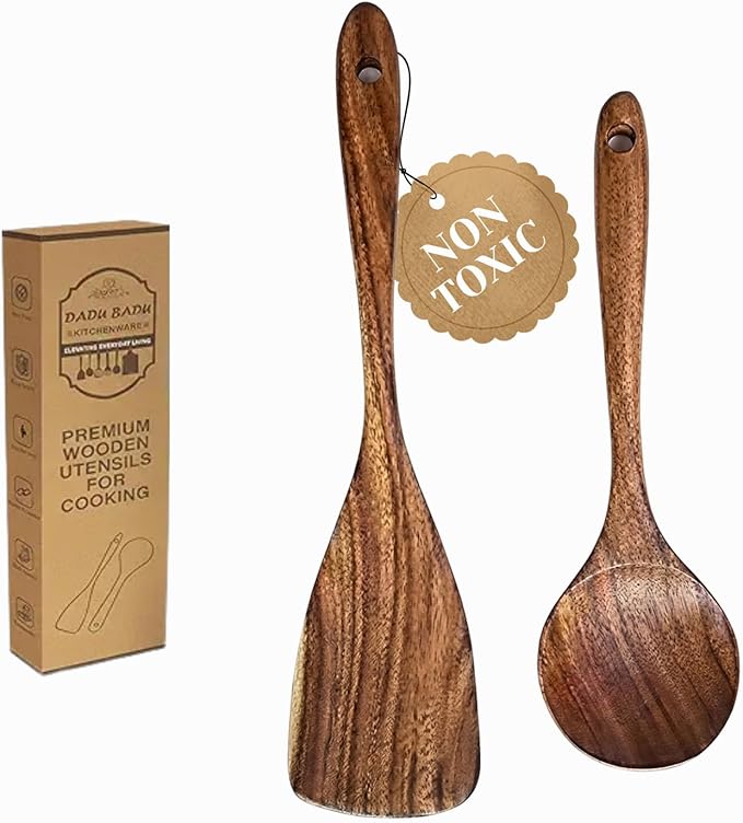 2 Piece Teak Wood Utensils Set– Flat Edge Turner & Serving Spoon – Non Toxic, Dishwasher Safe, Plastic Free Wooden Spatulas for Nonstick Pans – Essential Kitchen Utensils for Cooking" by DADUBADU