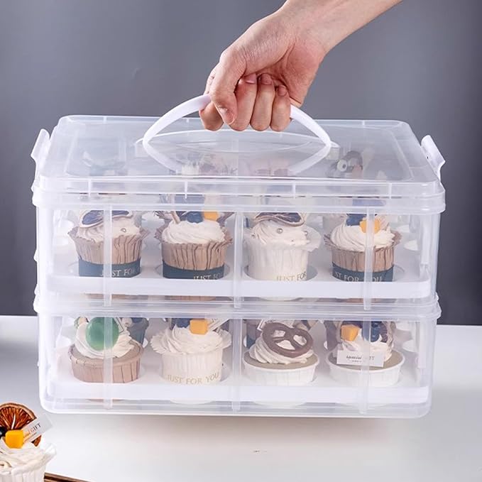 Cupcake Carrier Stackable Storage Container Collapsible Cake Carrier with Lid and Handle, with 50 PCS Cupcake liners,Reusable Plastic Dessert Travel Container,Transport Box (24 Cupcakes White) by HomDSim