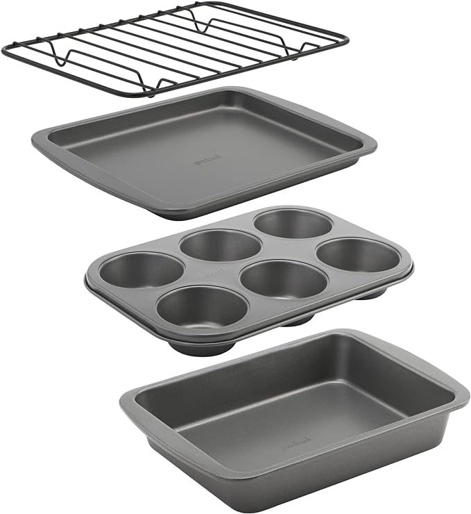 GoodCook 4-Piece Nonstick Steel Toaster Oven Set with Sheet Pan, Rack, Cake Pan, and Muffin Pan, Gray, 4-Piece Set Distributes Heat Evenly, Nonstick Coating, Dishwasher-Safe by GoodCook