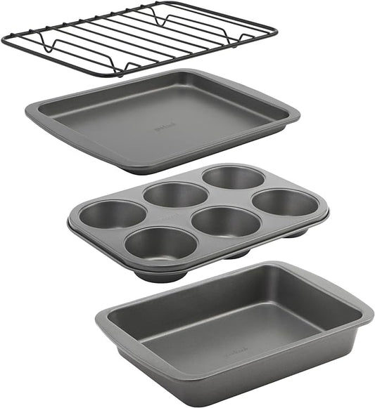 GoodCook 4-Piece Nonstick Steel Toaster Oven Set with Sheet Pan, Rack, Cake Pan, and Muffin Pan, Gray, 4-Piece Set Distributes Heat Evenly, Nonstick Coating, Dishwasher-Safe by GoodCook