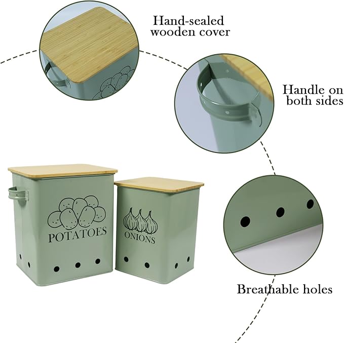 Kitchen Vegetable Storage Tins Set of 2, Onion and Potato Storage Bins with Wooden Lid and Aerating Holes, Garlic Bin Caddy, Vintage Kitchen Decor, Green - Image 2