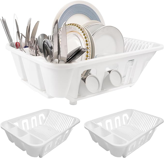 KOOMADE 2-Pack Large Dish Drying Rack for Kitchen Counter -Dish Drainer Set with Drainboard Heavy Duty Plastic Counter Organizer for Dishes, Cups, Knives, Spoons and Forks, Made in USA (White) by KOOMADE