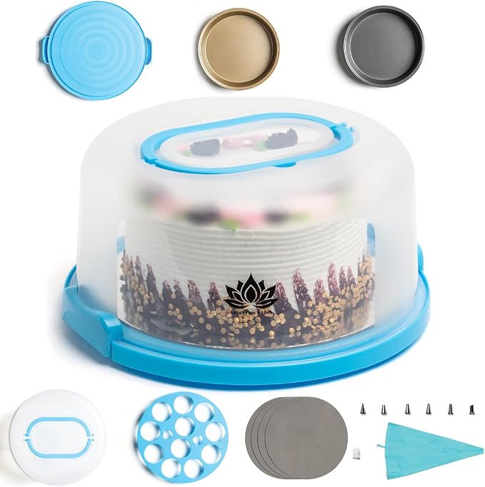 Cake Carrier with Lid and Handle – 10" Cake Storage Container with Baking Accessories, Cake Stand with Baking Pan, Cupcake Tray, Cake Boards & Piping Set by LotusFineGoods