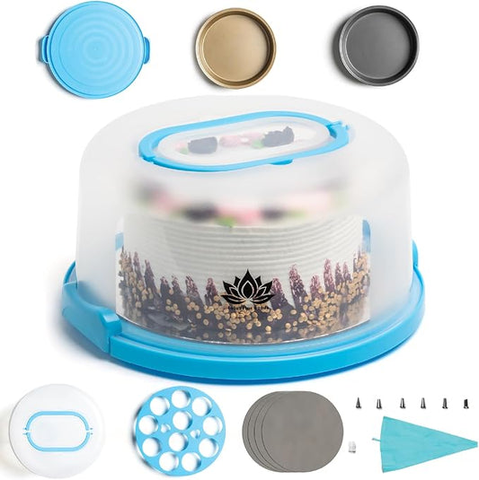 Cake Carrier with Lid and Handle – 10" Cake Storage Container with Baking Accessories, Cake Stand with Baking Pan, Cupcake Tray, Cake Boards & Piping Set by LotusFineGoods