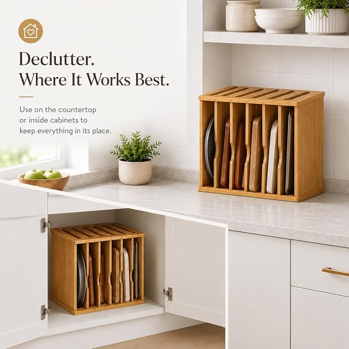 7 Tier Wooden Tray Dividers for Cabinets, Cookie Sheet Organizer | Sheet Pan Organizer for Cabinet, Baking Sheets, Cutting Boards and Pans, Space-Saving Kitchen Organization - Image 6