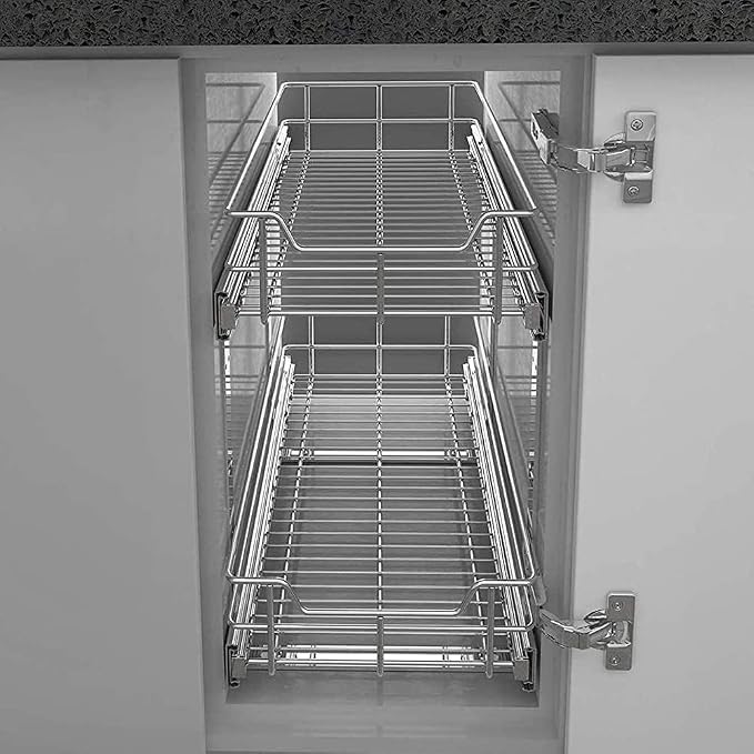2 Tier Pull Out Cabinet Organizer 15" W X 22" D, Chromed, Full Slide Out | For Kitchen Organizers and Storage, Pull Out Drawers For Cabinets Capacity Heavy Duty Caddy, Cabinet Shelves, Bathroom Pantry - Image 8