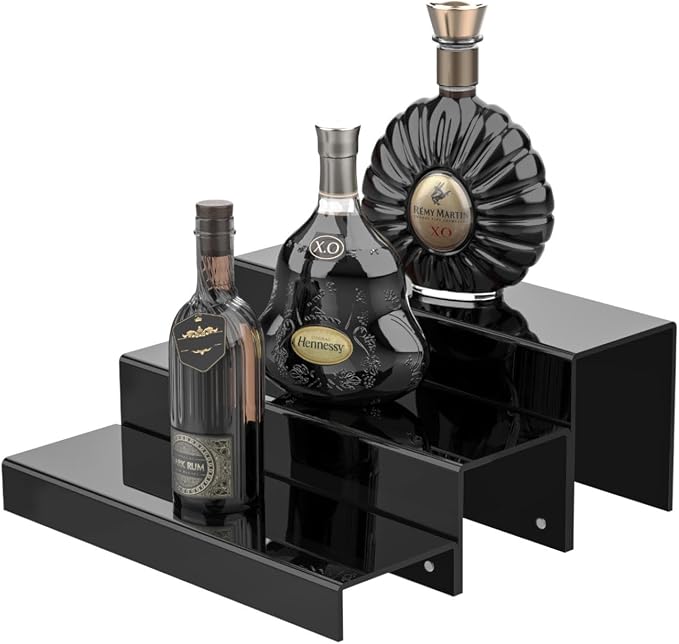 JUESHA 2 Pack Tiers Bar Shelves for Liquor Bottles, 15" Clear Acrylic Risers Display Racks Stands for Figures Pops Cupcake Perfume Collections (Black) by Unknown