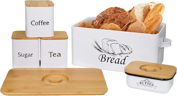 SOTECH Bread Box with 3pcs Jars Coffee Sugar Tea for Kitchen Countertop White Metal Bread Box with Bamboo Board Cover Pastry Storage Container Set Kitchen decor (bread box + jars + butter dish) by SOTECHLLC