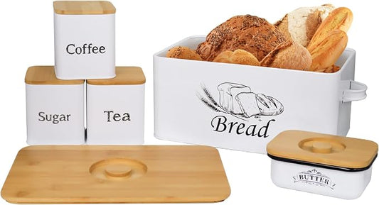 SOTECH Bread Box with 3pcs Jars Coffee Sugar Tea for Kitchen Countertop White Metal Bread Box with Bamboo Board Cover Pastry Storage Container Set Kitchen decor (bread box + jars + butter dish) by SOTECHLLC