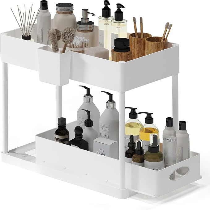 Under Sink Organizers and Storage, Bathroom Cabinet Organizer, Sink Shelf with Utility Hooks and Side Caddy for Under Cabinet Storage | Under Kitchen Sink Organizer with Sliding Drawer, White (1-Pack) by STORAGEBUD