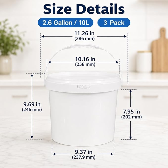 DEMORA 3 Pack 2.6 Gallon Food Grade Storage Buckets with Lids, White | BPA-Free & Stackable, Leakproof Freezer Safe; For Deli, Ice Cream, Meal Prep, Cleaning, Car Wash & Fishing - Image 2