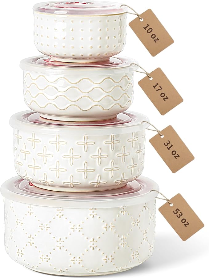 vicrays Ceramic Nesting Bowls with Lids, Set of 4, Embossed Serving Bowls for Food Storage, Popcorn, Salad etc, Microwave & Dishwasher Safe, 10oz to 53oz by VicraysCeramic