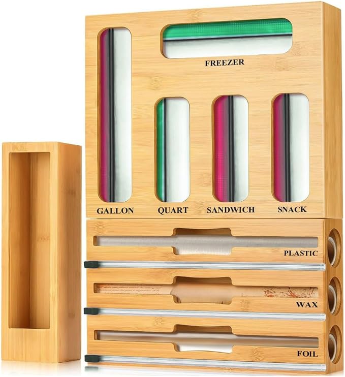 KALUHA Bamboo Food Storage Bag Organizer 9-in-1 | Gallon Quart Sandwich Snack Bag Holder for Kitchen Drawer | Aluminum Foil Plastic Wrap Wax Paper Dispenser | Kitchen Cabinet Storage Organization by Unknown
