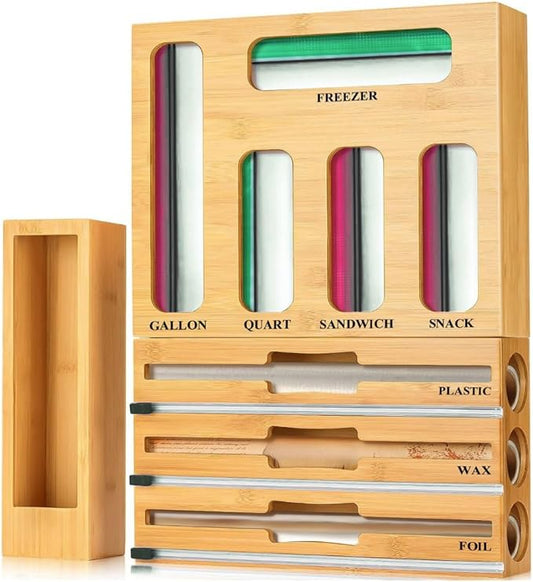 9 in 1 Storage Bag Organizer for Kitchen Drawer, Bamboo Foil and Plastic Wrap with Cutter, Ziplock Bag Organizer for Quart, Gallon, Sandwich & Snack Bags by Unknown