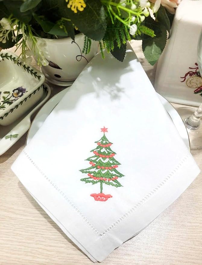 Embroidered Cloth Napkin Christmas Tree Cotton Napkins Set of 6, 20 x 20 Hemstitch Table Napkins, Machine Washable, Daily & Holidays, Great Gift Ideas - Image 6