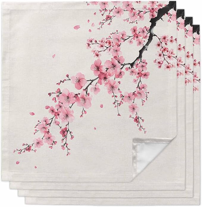 Cherry Blossom Cloth Napkins Set of 4 - Washable Dinner Napkins Reusable Table Napkins for Home Party Weeding Dining Table Setting Decoration, Pink Asian Japanese Burlap Beige Oversized 20"x20" by Unknown