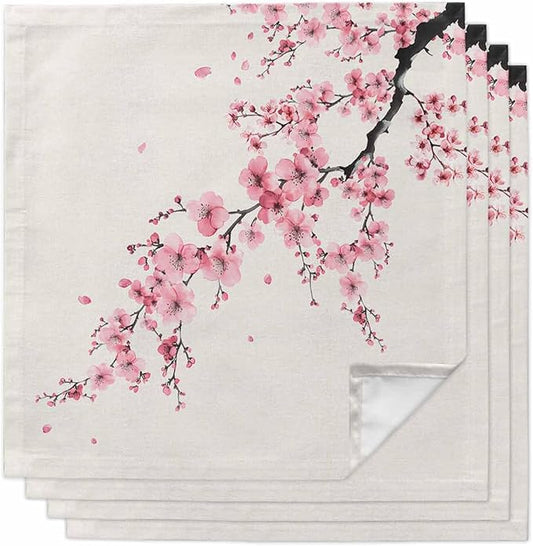 Cherry Blossom Cloth Napkins Set of 4 - Washable Dinner Napkins Reusable Table Napkins for Home Party Weeding Dining Table Setting Decoration, Pink Asian Japanese Burlap Beige Oversized 20"x20" by Unknown
