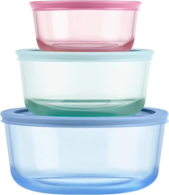 Pyrex Colors (3-Pack, Medium) Tinted Glass Round Food Storage Container Set, Snug Fit Non-Toxic Plastic BPA-Free Lids, Freezer Dishwasher Microwave Safe, 2 Cup, 4 Cup & 7 Cup by Pyrex