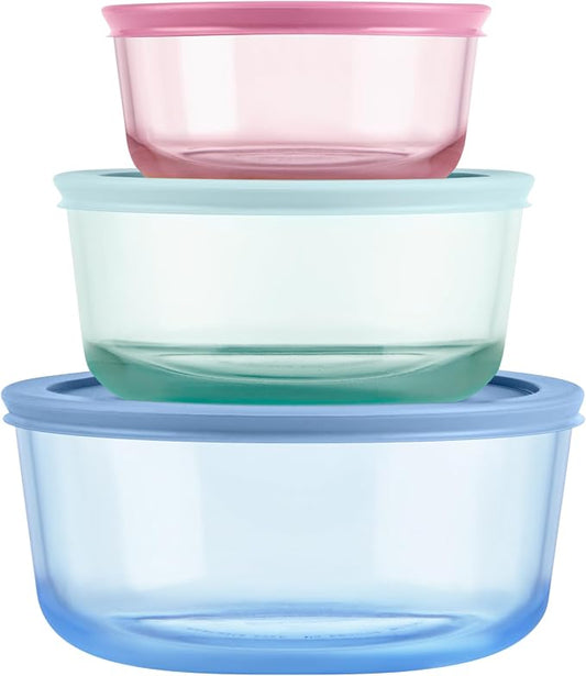 Pyrex Colors (3-Pack, Medium) Tinted Glass Round Food Storage Container Set, Snug Fit Non-Toxic Plastic BPA-Free Lids, Freezer Dishwasher Microwave Safe, 2 Cup, 4 Cup & 7 Cup by Pyrex
