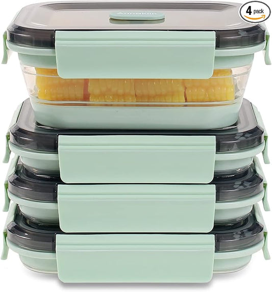 Collapsible Food Storage Containers with Lid & Air Vent, Clear Stacking Silicone Collapsible Food Container Set, Microwave Freezer Dishwasher Safe Space-Saver, Set of 4, Mint Green by Annaklin