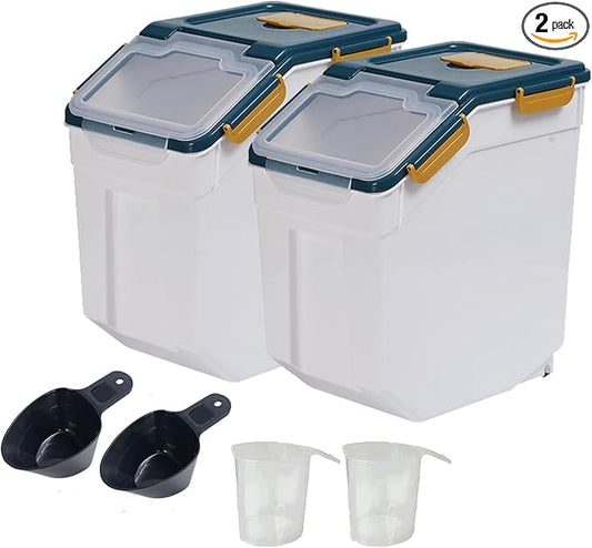 AnRui Flour Storage Container 25lb, Grain Storage Bucket, Airtight Rice Cereal Dispenser Organizer Box with Lid, Wheat Berry Storage Bin with Measuring Cup, Scoop, Wheels, 2Pcs Blue by AnRui