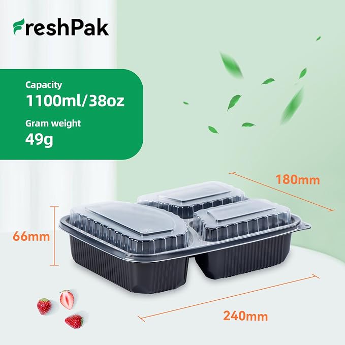 40 Pack 38oz Meal Prep Containers - Shrink Wrap Ready To Use | Reusable Leakproof 3 Compartment To Go Boxes | BPA-Free, Microwave & Freezer Safe | Portion Control Takeout Food Storage - Image 2
