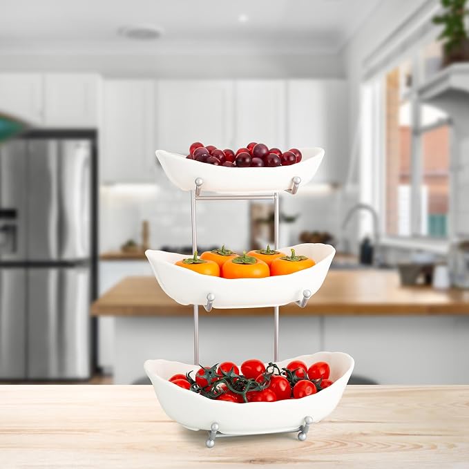 Ceramic Fruit Bowl for Kitchen Counter, 3 Tier Ceramic Serving Bowls with Metal Stand, Fruit Basket Stand Fruit Serving Tray Set for Vegetable Storage, Candy Snack Dessert Cake (White) - Image 4