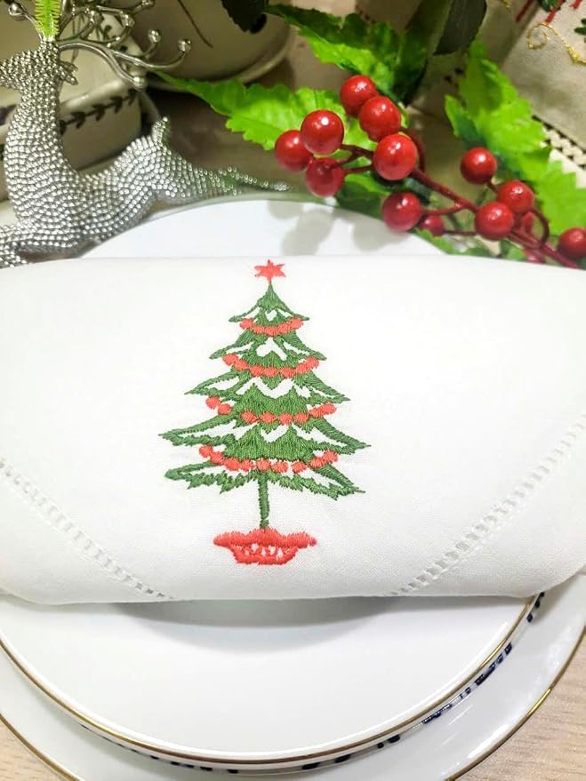 Embroidered Cloth Napkin Christmas Tree Cotton Napkins Set of 6, 20 x 20 Hemstitch Table Napkins, Machine Washable, Daily & Holidays, Great Gift Ideas - Image 5