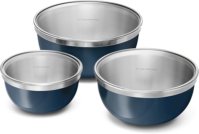 Caraway 6-Piece Stainless Steel Mixing Bowl Set with Glass Lids | 6 qt, 4 qt, 2 qt Kitchen Bowls with Tempered Glass Lids, Non-Toxic, PFAS-Free, Navy by Unknown