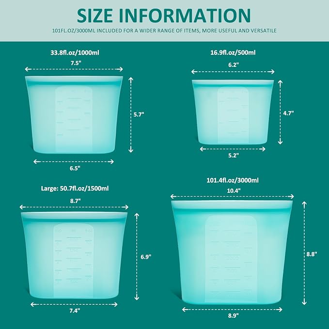 8-Pack Reusable Silicone Food Storage Bags, 100% Silicone Stand-Up Wide-Open Zip-Lock Reusable Storage Bags for Food, Freezer Microwave Oven Dishwasher Safe, Aqua, 2XL(0.8 Gallon) 2M 2S 2XS - Image 6