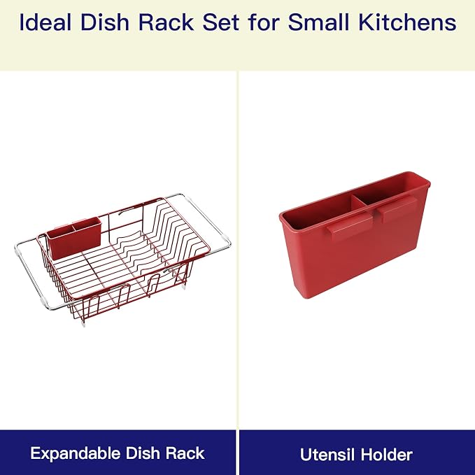 Red Dish Drying Rack Over The Sink with Utensil Holder | Expandable Stainless Steel Dish Drainer for Small Kitchen, Apartment, RV, Counter Space Saving, Perfect Fit, Rustproof - Image 9