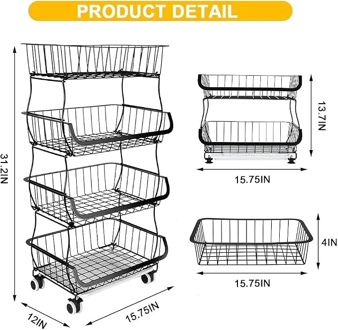 Fruit Vegetable Storage Basket, 4 Tier Stackable Metal Wire Storage Baskets with Wheels, Fruit Vegetable Produce Basket Organizer Bins for Kitchen, Pantry, Bathroom - Image 3