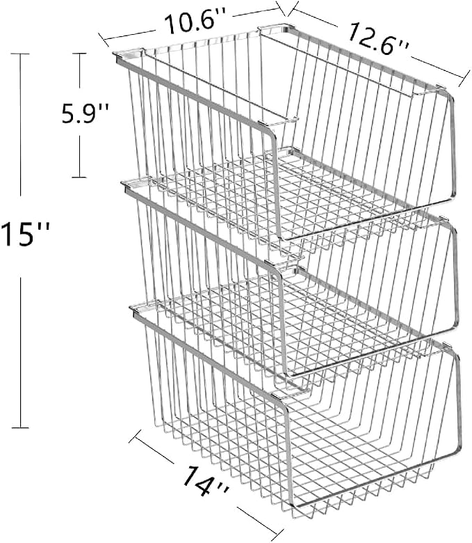 SANNO 14" Stacking Baskets Bin Wire Storage Baskets Organization Farmhouse Scoop Baksket for Pantry, Kitchen, Closets, Bathroom, Cabinets, Kitchen, Narrow, Set of 3 - Image 4