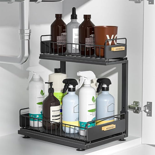 Under Sink Organizer Kitchen, 2 Tier Under Sink Organizers and Storage, Pull out Cabinet Organizer Shelf, Metal Drawer for Kitchen Bathroom Pantry Cabinet Closet Organization Rack, Black, 1 Pack by HOMEBOSILY