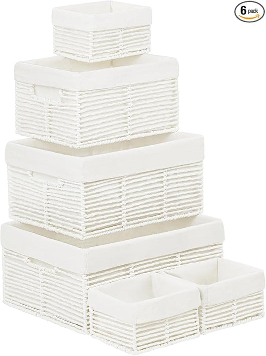 Wicker Storage Basket, 6 Pack Baskets for Organizing, Wicker Baskets with Handle, Rectangular Wicke Basket for Storage Shelves, Cube Storage Bins for Closet/Clothes/Dresser, White by Vagusicc