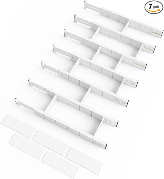 SpaceAid Bamboo Drawer Dividers with Inserts and Labels, Kitchen Adjustable Drawer Organizers, Expandable Organization for Home, Office, Dressers, 7 Dividers with 15 Inserts (17"-22" White) by SpaceAid