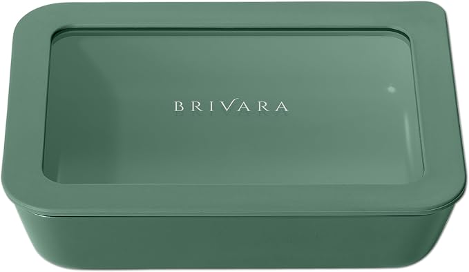 Glass Food Storage Container with Lid, 3-Cup Small Rectangle | Microwave-Safe Airtight Lid, Oven-Safe Ceramic-Coated Glass | Zero Plastic, No PFAS/PFOA/BPA, Reusable [Pine] by BrivaraHome