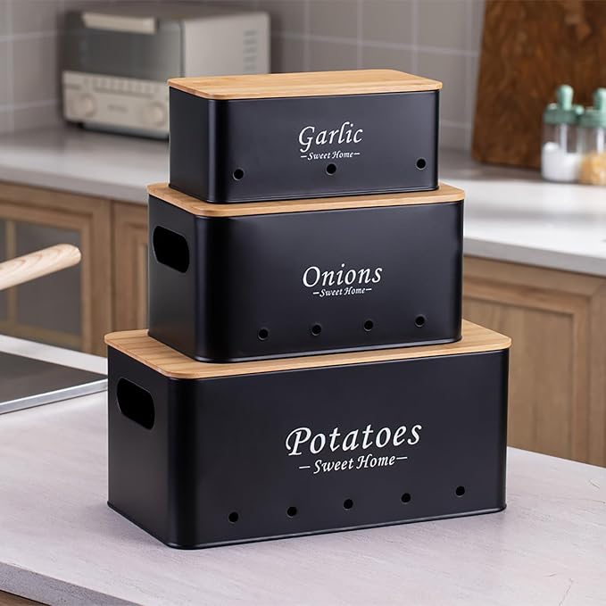 Kitchen Vegetable Storage Tins Set Of 3, Potato Onion Garlic Canisters | Storing potatoes, onions, and garlic. Features aerating holes to keep vegetables fresh and wooden lids for a stylish look - Image 8