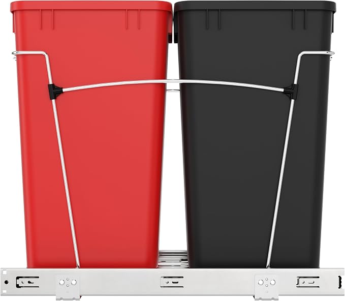 Rev-A-Shelf Pullout Trash Can for Kitchen Cabinets 27 Qt Garbage Recycling Bin with Full Extension Slides, Red/Black, RV-15KD-1618C-S - Image 8
