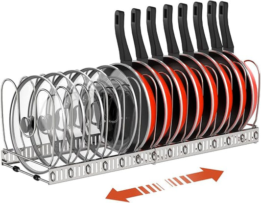 Housolution Pot and Pan Lid Organizer Holder Storage Rack, Silver | 12"-23" Expandable, 14 Adjustable Dividers, Sturdy Stainless Steel Construction, Easy Assembly by Housolution