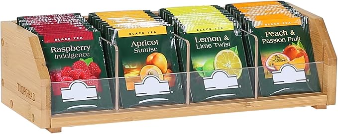 Small Bamboo Tea Bag Organizer, Tea Box Storage Holder, Natural | Holds 60 tea bags, Removable Compartments, Acrylic Dividers, Wood, for Cabinet, Countertop, Office, Drawer, K cups, coffee by TIOPGHAD